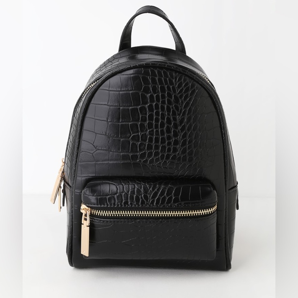 NWOT Lulus Getting Places Black Crocodile Embossed Mini Backpack - Picture 4 of 13